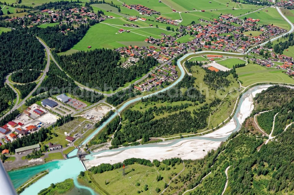 Krün from the bird's eye view: River Isar near Kruen in the state Bavaria, Germany