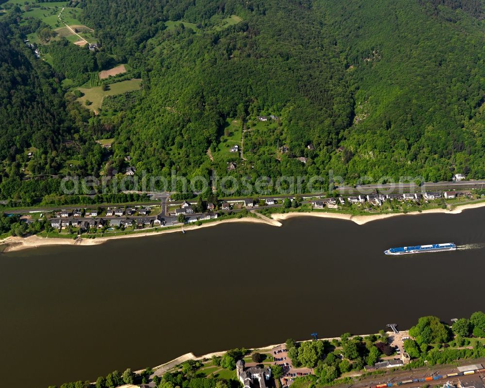 Koblenz from above - Course of the river Rhine in the Stolzenfels part of Koblenz in the state Rhineland-Palatinate. Stolzenfels is known for the castle of the same name on the riverbank of the Rhine