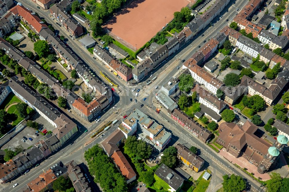 Aerial image Essen - Road over the crossroads Altendorfer street and Helenen street in Essen in the state North Rhine-Westphalia