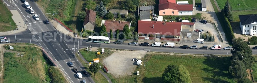 Aerial image Lindenberg - Road over the crossroads der B2, Bucher Weg und Bernauer Strasse in Lindenberg in the state Brandenburg