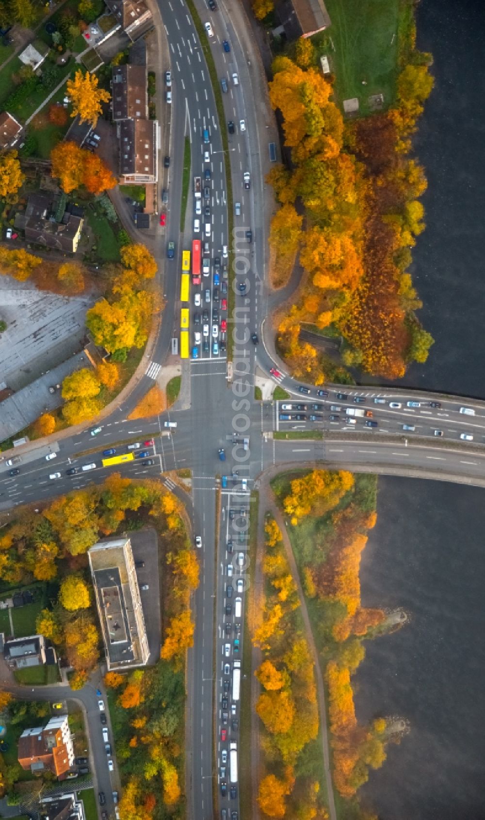 Aerial image Essen - Road over the crossroads in Essen in the state North Rhine-Westphalia