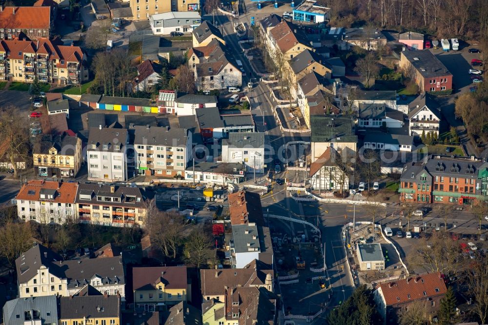 Bochum from above - Road over the crossroads Hauptstrasse - Unterstrasse - Oberstrasse in Bochum in the state North Rhine-Westphalia