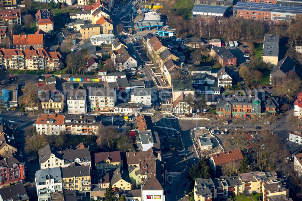 Bochum from above - Road over the crossroads Hauptstrasse - Unterstrasse - Oberstrasse in Bochum in the state North Rhine-Westphalia