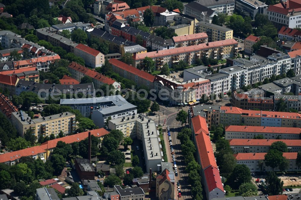 Aerial image Magdeburg - Road over the crossroads of the Olvenstedter, Ebendorfer, Gerhart-Hauptmann und Herder street in Magdeburg in the state Saxony-Anhalt