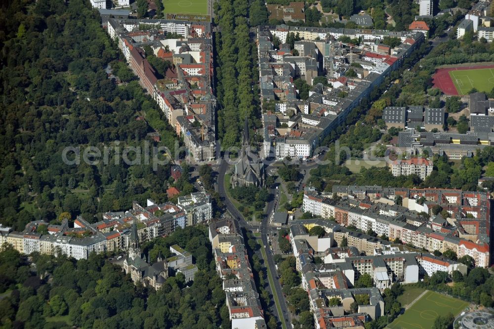 Berlin from above - The Southern Star is a town square with Protestant church at Suedstern the one part of the Berlin Friedrichshain-Kreuzberg, district of Kreuzberg