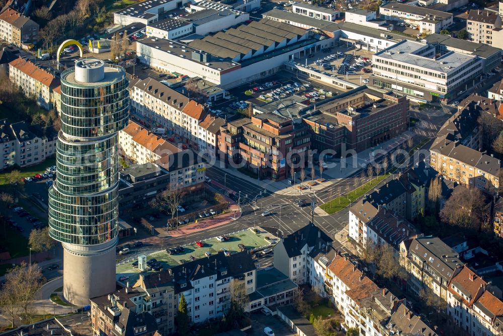 Aerial image Bochum - Road over the crossroads Universitaetsstrasse - Oskar-Hoffmann-Strasse in Bochum in the state North Rhine-Westphalia