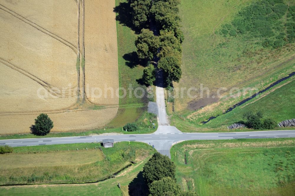 Zahren from above - Road over the crossroads in Zahren in the state Mecklenburg - Western Pomerania