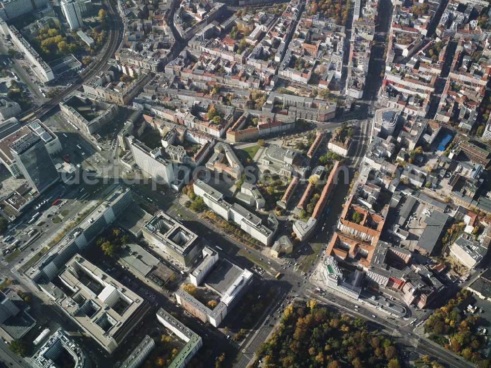 Berlin from above - Course of the Torstrasse in the South of the Prenzlauer Berg part of the district of Pankow in Berlin. Several hotels, business and residential buildings are located on Moll Street and its extension, Torstrasse (which takes its course upwards in the picture shown). The street also forms the border to the Mitte district