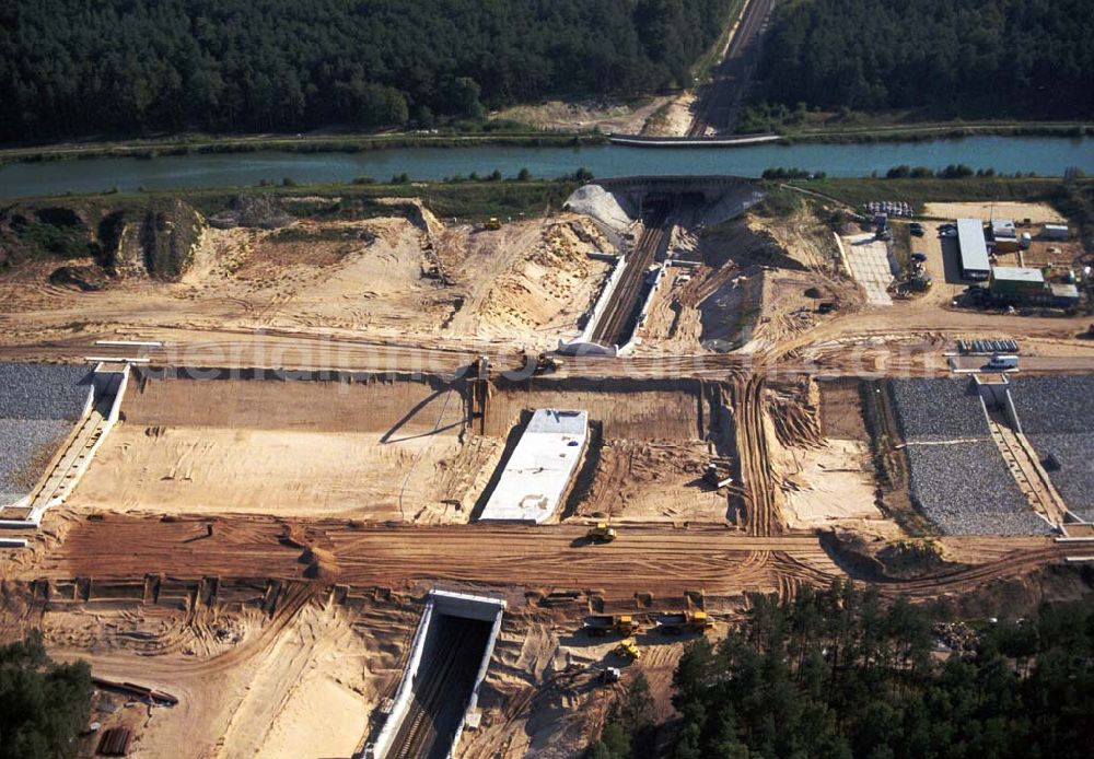 Eberswalde from the bird's eye view: Blick auf den Oder-Havel-Kanal. Dieser wird gegenwärtig für den Betrieb mit hochseetauglichen Schiffen ausgebaut. Dazu wird nördlich von Eberswalde das Kanalbett umgeleitet, um als Ersatz für die Kanalbrücke einen Tunnel unter dem neuen Kanal zu bauen.