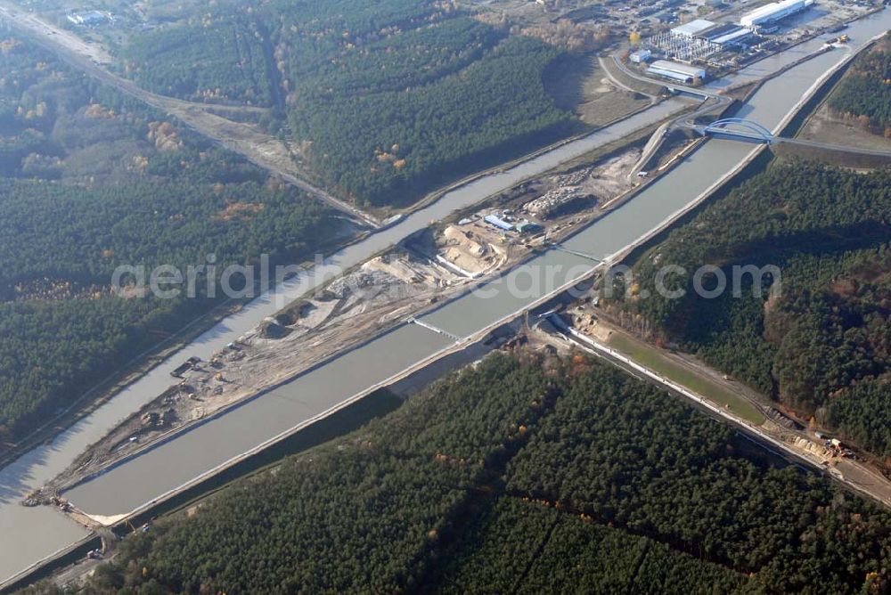 Aerial image Eberswalde - Blick auf die geflutete Umleitung des Oder-Havel-Kanal. Dieser wird gegenwärtig für den Betrieb mit hochseetauglichen Schiffen ausgebaut. Dazu wird nördlich von Eberswalde das Kanalbett umgeleitet, um als Ersatz für die Kanalbrücke einen Tunnel unter dem neuen Kanal zu bauen.