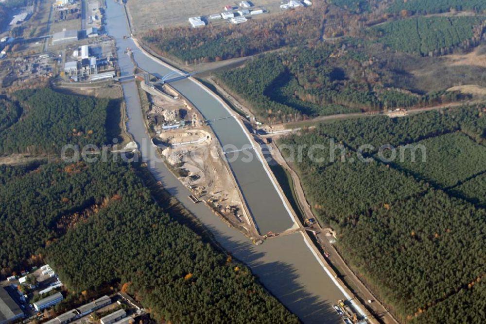 Aerial image Eberswalde - Blick auf die geflutete Umleitung des Oder-Havel-Kanal. Dieser wird gegenwärtig für den Betrieb mit hochseetauglichen Schiffen ausgebaut. Dazu wird nördlich von Eberswalde das Kanalbett umgeleitet, um als Ersatz für die Kanalbrücke einen Tunnel unter dem neuen Kanal zu bauen.