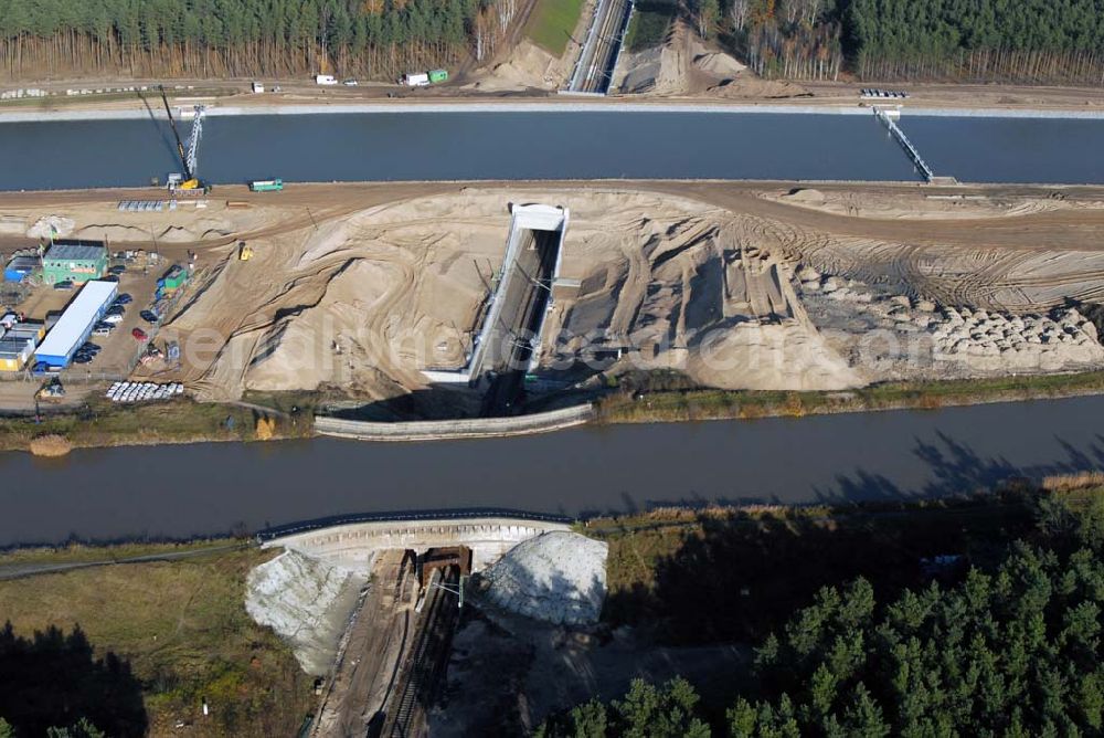 Aerial image Eberswalde - Blick auf die geflutete Umleitung des Oder-Havel-Kanal. Dieser wird gegenwärtig für den Betrieb mit hochseetauglichen Schiffen ausgebaut. Dazu wird nördlich von Eberswalde das Kanalbett umgeleitet, um als Ersatz für die Kanalbrücke einen Tunnel unter dem neuen Kanal zu bauen.