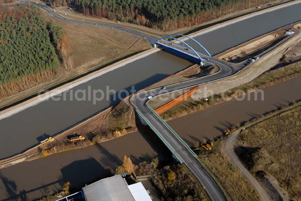 Aerial image Eberswalde - Blick auf die geflutete Umleitung des Oder-Havel-Kanal. Dieser wird gegenwärtig für den Betrieb mit hochseetauglichen Schiffen ausgebaut. Dazu wird nördlich von Eberswalde das Kanalbett umgeleitet, um als Ersatz für die Kanalbrücke einen Tunnel unter dem neuen Kanal zu bauen.