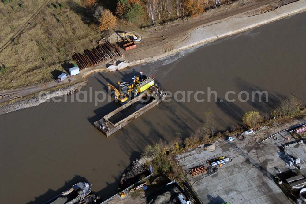 Eberswalde from above - Blick auf die geflutete Umleitung des Oder-Havel-Kanal. Dieser wird gegenwärtig für den Betrieb mit hochseetauglichen Schiffen ausgebaut. Dazu wird nördlich von Eberswalde das Kanalbett umgeleitet, um als Ersatz für die Kanalbrücke einen Tunnel unter dem neuen Kanal zu bauen.