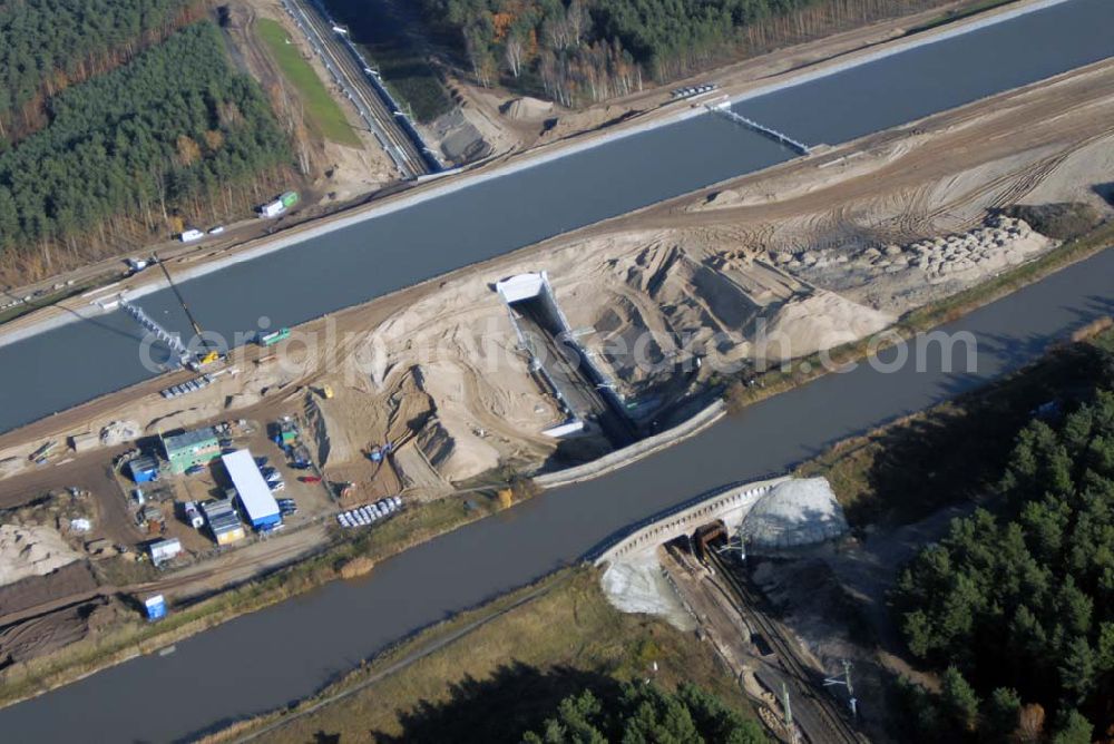 Aerial image Eberswalde - Blick auf die geflutete Umleitung des Oder-Havel-Kanal. Dieser wird gegenwärtig für den Betrieb mit hochseetauglichen Schiffen ausgebaut. Dazu wird nördlich von Eberswalde das Kanalbett umgeleitet, um als Ersatz für die Kanalbrücke einen Tunnel unter dem neuen Kanal zu bauen.