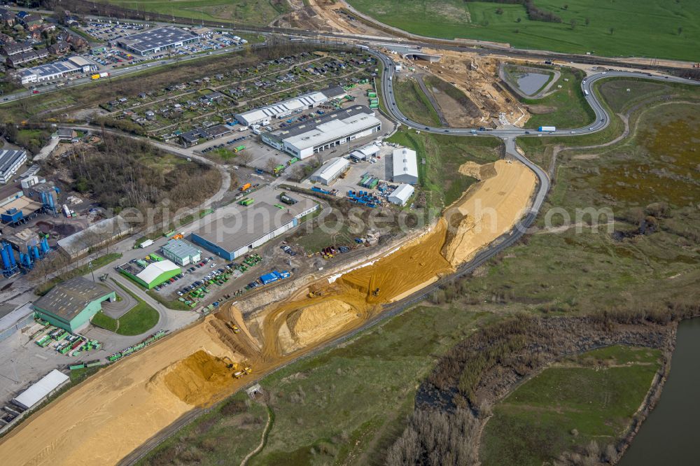 Wesel from above - Construction site with earthworks for relocation, relocation and redesign of the shore areas along the mouth of the river Lippe in Wesel in the Ruhr area in the state of North Rhine-Westphalia, Germany