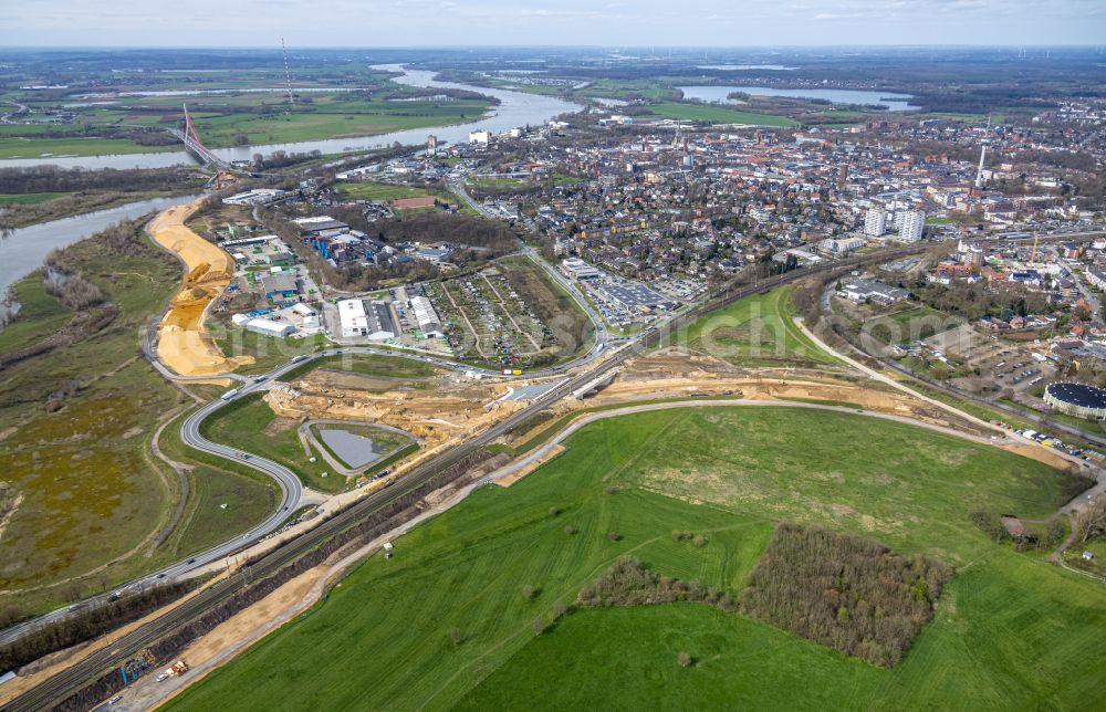 Aerial image Wesel - Construction site with earthworks for relocation, relocation and redesign of the shore areas along the mouth of the river Lippe in Wesel in the Ruhr area in the state of North Rhine-Westphalia, Germany