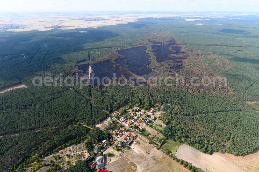 Aerial image Klausdorf - Damage by the Great Fire - destroyed forest fire tree population in a wooded area - forest terrain in Klausdorf in the state Brandenburg, Germany