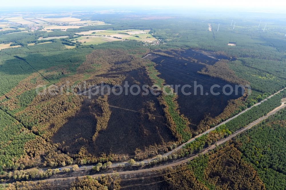 Klausdorf from above - Damage by the Great Fire - destroyed forest fire tree population in a wooded area - forest terrain in Klausdorf in the state Brandenburg, Germany