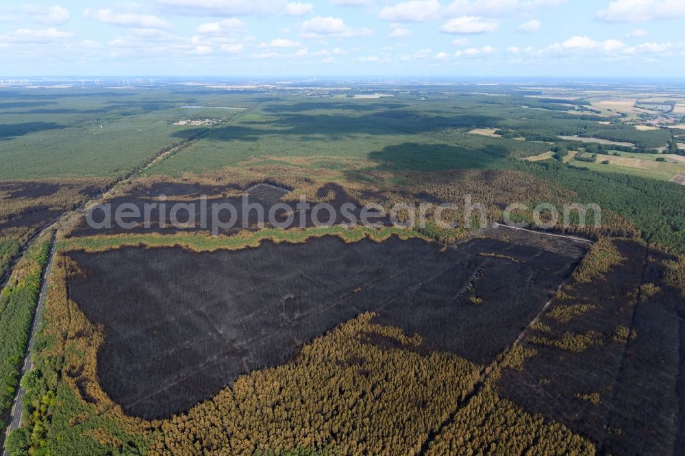 Aerial image Klausdorf - Damage by the Great Fire - destroyed forest fire tree population in a wooded area - forest terrain in Klausdorf in the state Brandenburg, Germany