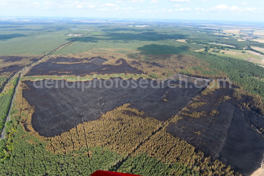 Aerial photograph Klausdorf - Damage by the Great Fire - destroyed forest fire tree population in a wooded area - forest terrain in Klausdorf in the state Brandenburg, Germany