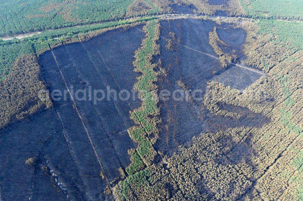 Klausdorf from the bird's eye view: Damage by the Great Fire - destroyed forest fire tree population in a wooded area - forest terrain in Klausdorf in the state Brandenburg, Germany