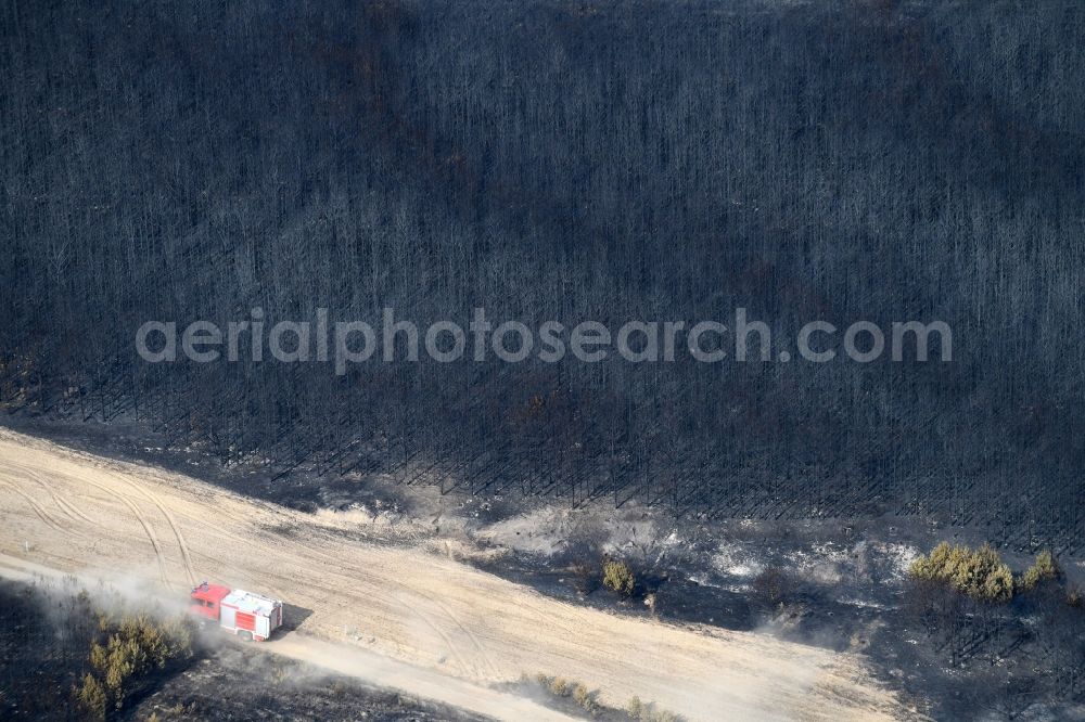 Klausdorf from above - Damage by the Great Fire - destroyed forest fire tree population in a wooded area - forest terrain in Klausdorf in the state Brandenburg, Germany