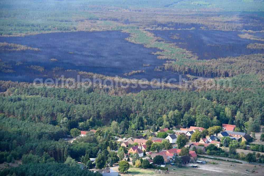 Aerial image Klausdorf - Damage by the Great Fire - destroyed forest fire tree population in a wooded area - forest terrain in Klausdorf in the state Brandenburg, Germany