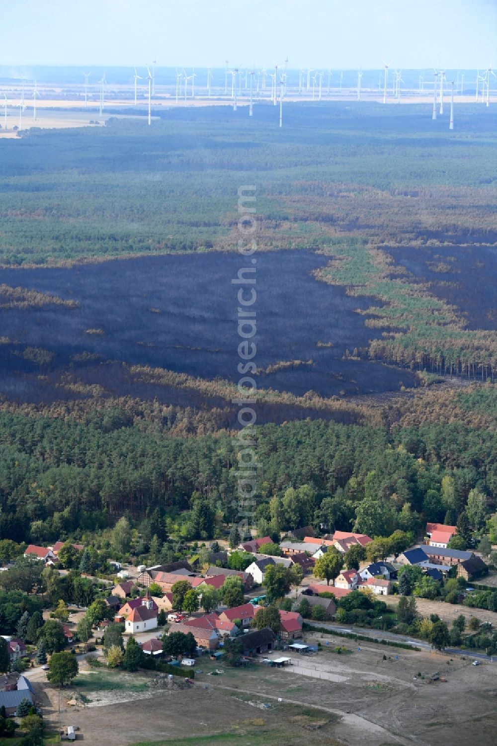 Aerial photograph Klausdorf - Damage by the Great Fire - destroyed forest fire tree population in a wooded area - forest terrain in Klausdorf in the state Brandenburg, Germany