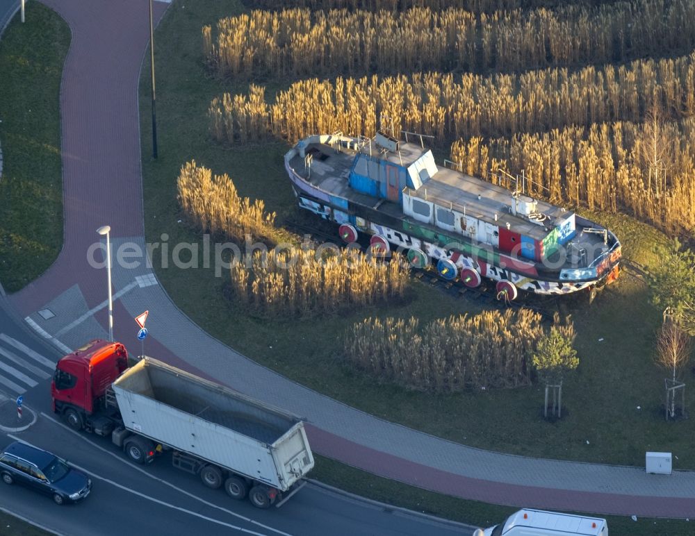 Hamm from the bird's eye view: Rusting art ship Ekke Nekkepen the artist Otmar Alt in Hamm in North Rhine-Westphalia NRW