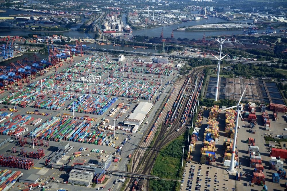 Aerial photograph Hamburg - Different Types of hubs and the interlocking Waltershof in the port of Hamburg. A project of the Hamburg Port Authority HPA