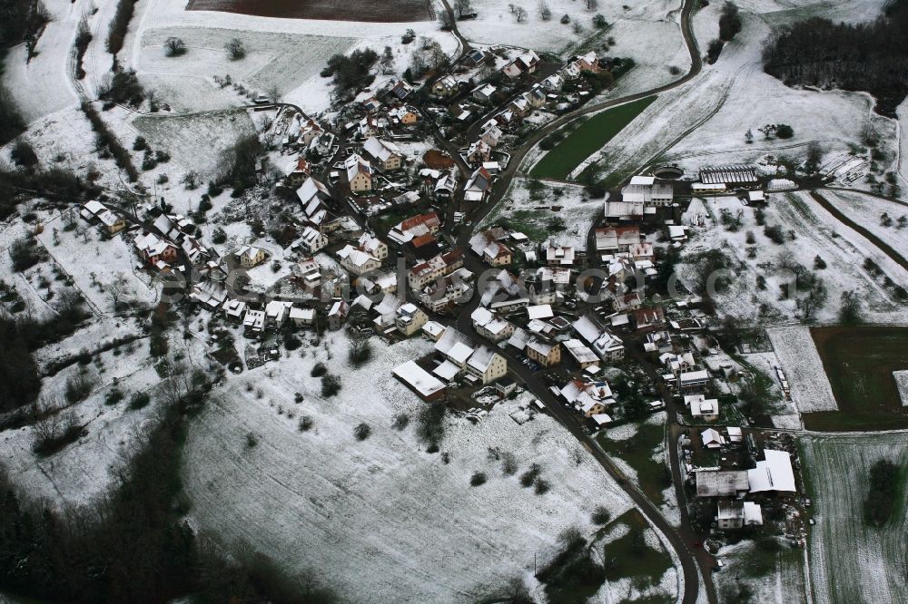 Schopfheim from above - Village - View from the district Kuernberg in Schopfheim in Baden-Wuerttemberg. The first snow covers the roofs and fields of the rural residence