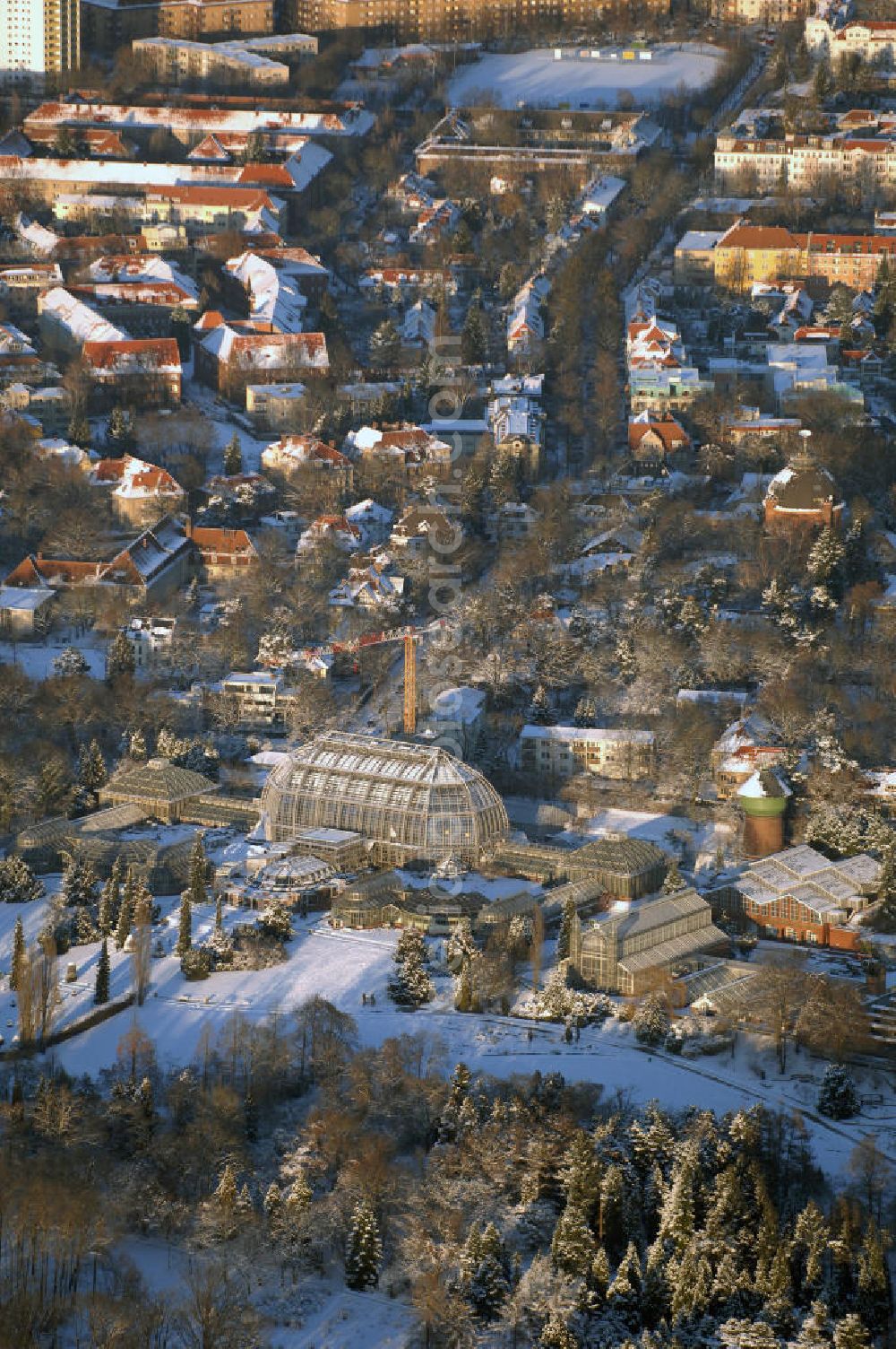 Berlin from the bird's eye view: Verschneite Winterlandschaft bei den Sanierungsarbeiten des Botanischen Garten Berlin-Dahlem. Die Grundsanierung des 100 Jahre alten Komplexes war unumgänglich, da das denkmalgeschützte Wahrzeichen für Wissenschaft, Forschung und Lehre sowie für die breite Öffentlichkeit dauerhaft erhalten werden soll. Millionen feiner Haarrisse durchziehen die großflächigen Verglasungen. Seit August 2006 dauern die bis zum Dezember 2008 geplanten Sanierungsarbeiten.Botanischer Garten und Botanisches Museum Berlin-Dahlem (BGBM) Zentraleinrichtung der Freien Universität Berlin, Königin-Luise-Str. 6-8, 14195 Berlin,Tel. +49(0)30 838501 00, Fax +49(0)30 838501 86, Email: zebqbm@bqbm.org