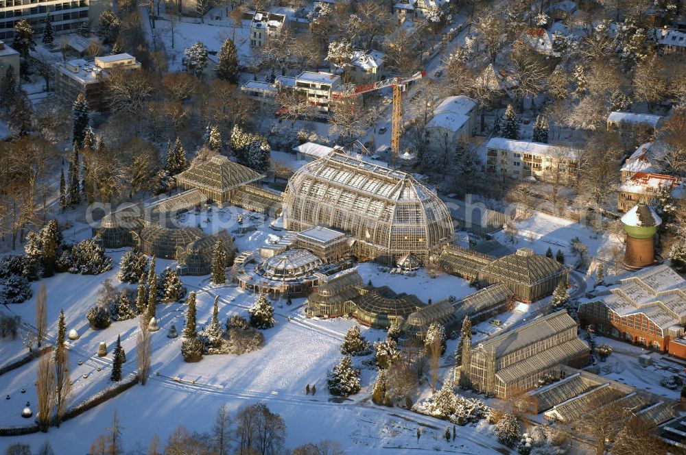 Aerial photograph Berlin - Verschneite Winterlandschaft bei den Sanierungsarbeiten des Botanischen Garten Berlin-Dahlem. Die Grundsanierung des 100 Jahre alten Komplexes war unumgänglich, da das denkmalgeschützte Wahrzeichen für Wissenschaft, Forschung und Lehre sowie für die breite Öffentlichkeit dauerhaft erhalten werden soll. Millionen feiner Haarrisse durchziehen die großflächigen Verglasungen. Seit August 2006 dauern die bis zum Dezember 2008 geplanten Sanierungsarbeiten.Botanischer Garten und Botanisches Museum Berlin-Dahlem (BGBM) Zentraleinrichtung der Freien Universität Berlin, Königin-Luise-Str. 6-8, 14195 Berlin,Tel. +49(0)30 838501 00, Fax +49(0)30 838501 86, Email: zebqbm@bqbm.org