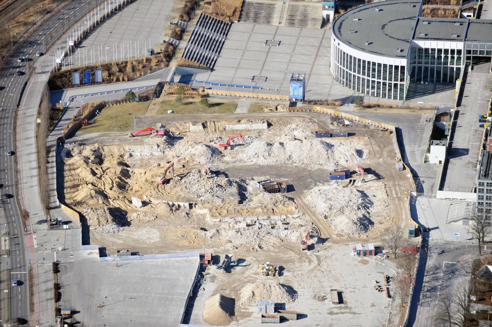 Berlin from the bird's eye view: Demolition work of the former Germany Halle Jaffeystraße on the fairgrounds in Charlottenburg