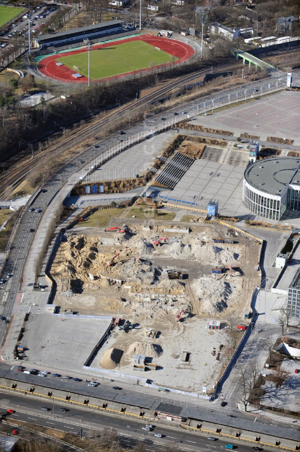 Aerial image Berlin - Demolition work of the former Germany Halle Jaffeystraße on the fairgrounds in Charlottenburg