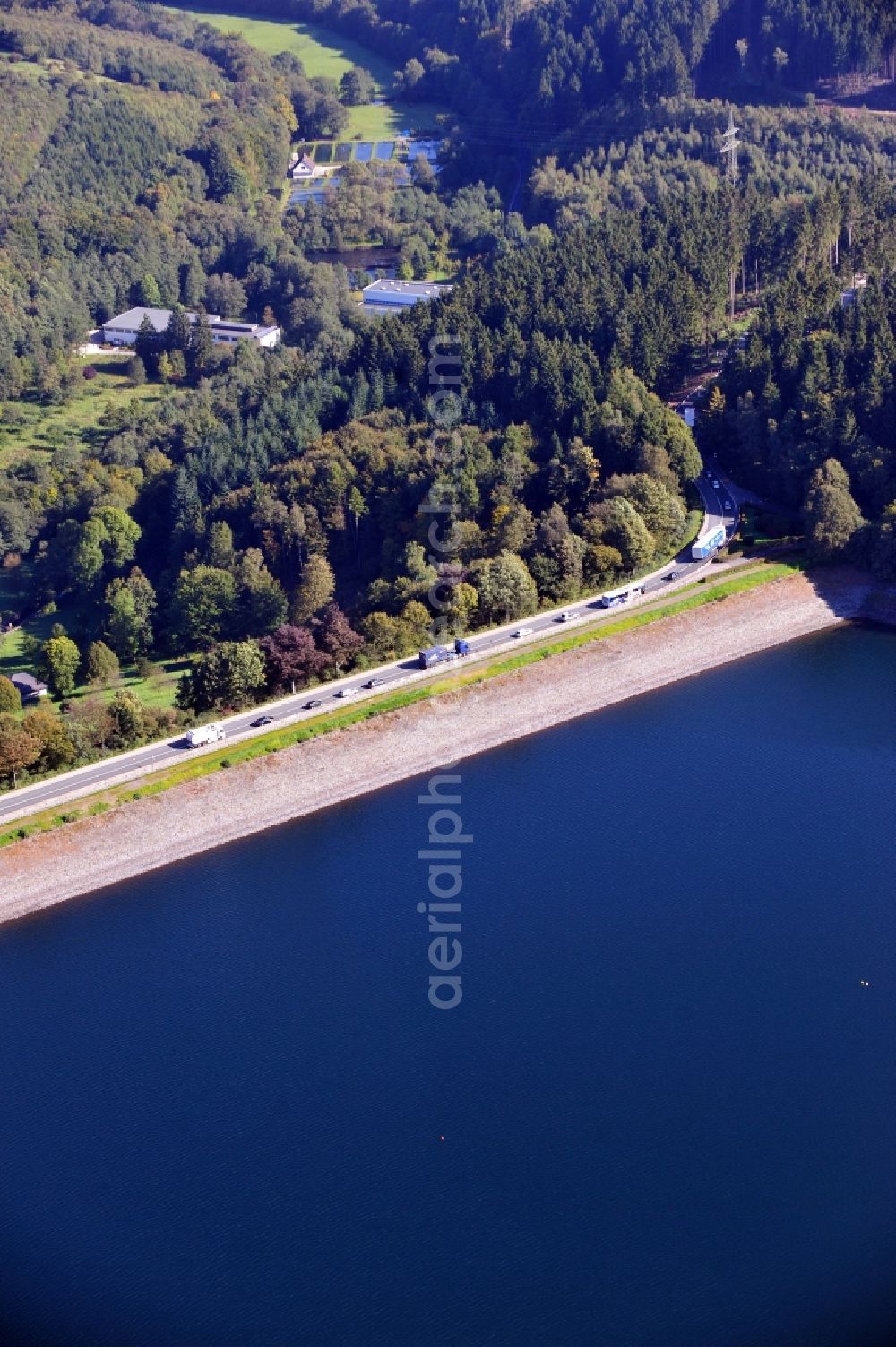 Lüdenscheid from above - View of the Verse Dam in Lüdenscheid in the state North Rhine-Westphalia. The dam is one of the largest in the Sauerland