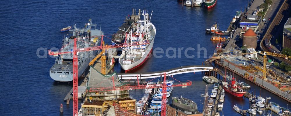 Hamburg from the bird's eye view: Supply ship of the German Navy and Museum cargo ship Cap San Diego in Hamburg harbor