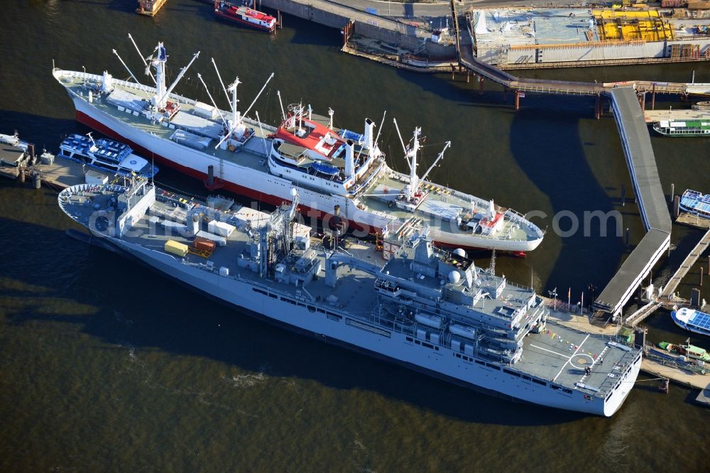 Aerial image Hamburg - Supply ship of the German Navy and Museum cargo ship Cap San Diego in Hamburg harbor