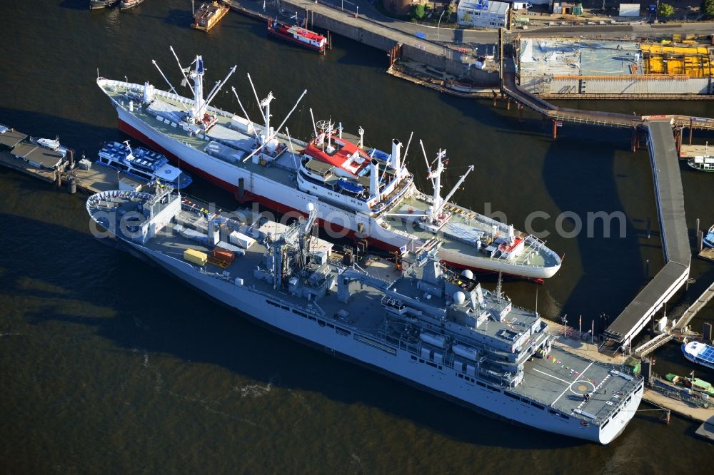 Aerial photograph Hamburg - Supply ship of the German Navy and Museum cargo ship Cap San Diego in Hamburg harbor