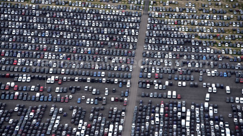 Zülpich from the bird's eye view: of the building complex of the distribution center and logistics center for new cars and new vehicles on the premises of CAT Germany GmbH on the B56 road in the district of Geich in Zuelpich in the state of North Rhine-Westphalia, Germany