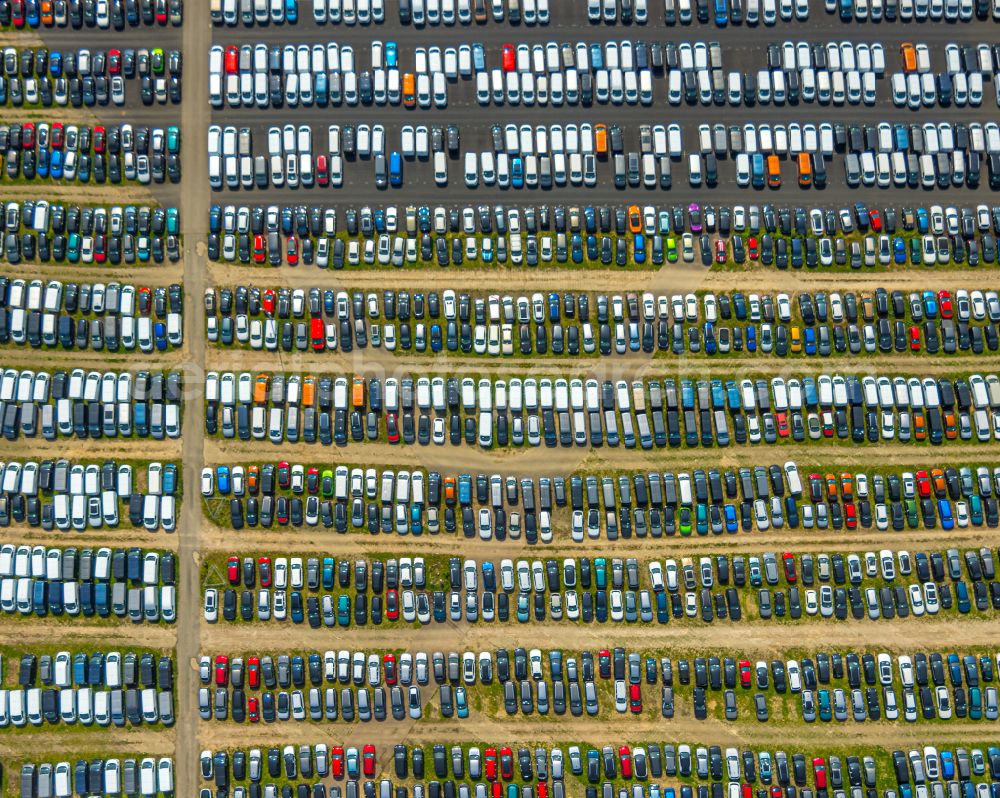 Zülpich from above - Of the building complex of the distribution center and logistics center for new cars and new vehicles on the premises of CAT Germany GmbH on the B56 road in the district of Geich in Zuelpich in the state of North Rhine-Westphalia, Germany