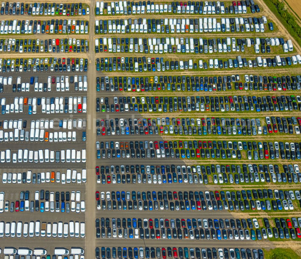 Aerial image Zülpich - Of the building complex of the distribution center and logistics center for new cars and new vehicles on the premises of CAT Germany GmbH on the B56 road in the district of Geich in Zuelpich in the state of North Rhine-Westphalia, Germany