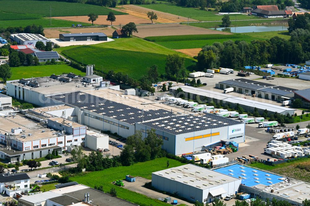 Günzburg from the bird's eye view: Building complex of the distribution center and food logistics center on the premises of HAVI Logistics on Max-Planck-Strasse in the Oberelchingen district of Guenzburg in the state of Bavaria, Germany