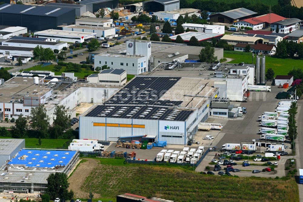 Günzburg from above - Building complex of the distribution center and food logistics center on the premises of HAVI Logistics on Max-Planck-Strasse in the Oberelchingen district of Guenzburg in the state of Bavaria, Germany