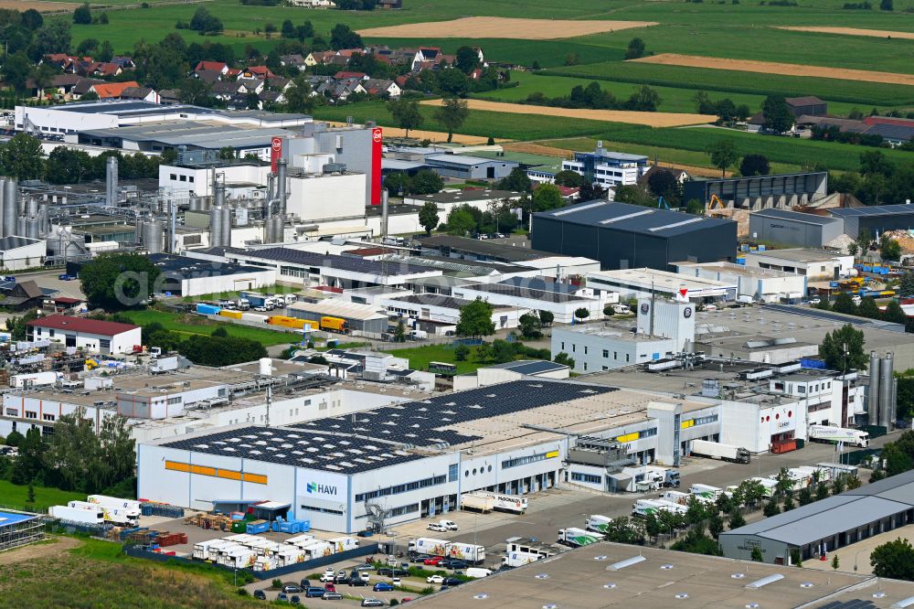 Aerial image Günzburg - Building complex of the distribution center and food logistics center on the premises of HAVI Logistics on Max-Planck-Strasse in the Oberelchingen district of Guenzburg in the state of Bavaria, Germany