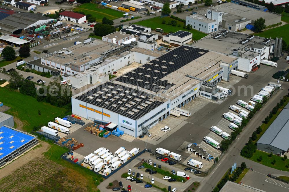 Günzburg from the bird's eye view: Building complex of the distribution center and food logistics center on the premises of HAVI Logistics on Max-Planck-Strasse in the Oberelchingen district of Guenzburg in the state of Bavaria, Germany