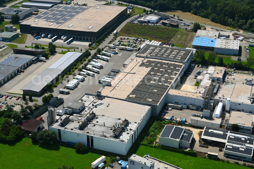 Günzburg from the bird's eye view: Building complex of the distribution center and food logistics center on the premises of HAVI Logistics on Max-Planck-Strasse in the Oberelchingen district of Guenzburg in the state of Bavaria, Germany