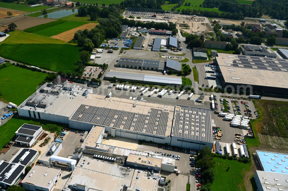 Aerial image Günzburg - Building complex of the distribution center and food logistics center on the premises of HAVI Logistics on Max-Planck-Strasse in the Oberelchingen district of Guenzburg in the state of Bavaria, Germany