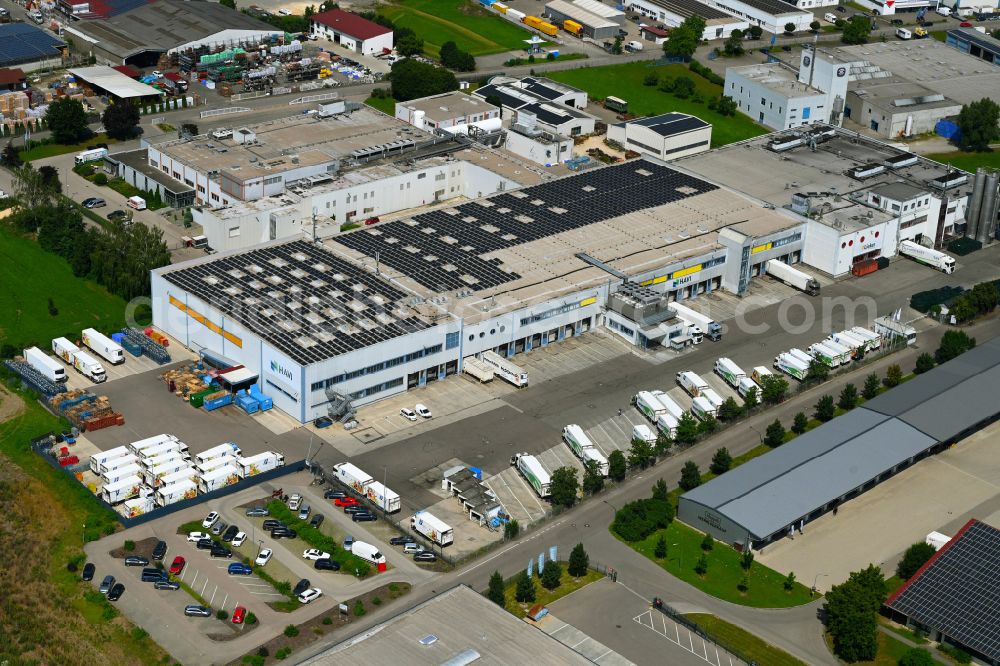 Günzburg from above - Building complex of the distribution center and food logistics center on the premises of HAVI Logistics on Max-Planck-Strasse in the Oberelchingen district of Guenzburg in the state of Bavaria, Germany